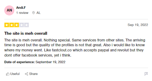 a screenshot of a neutral review left on trustpilot by a famoid user