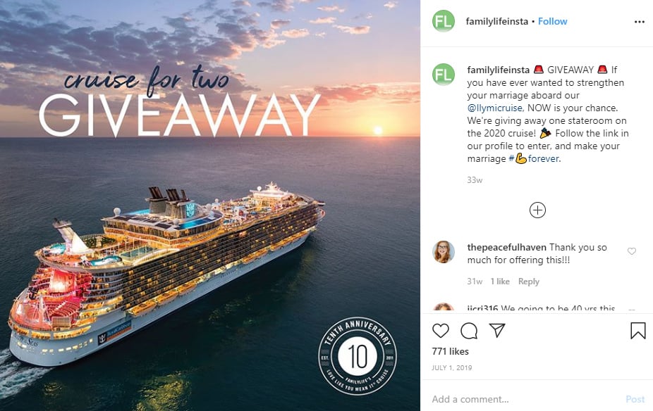 a screenshot from Instagram account familylifeinsta showing a great prize (cruise for two)