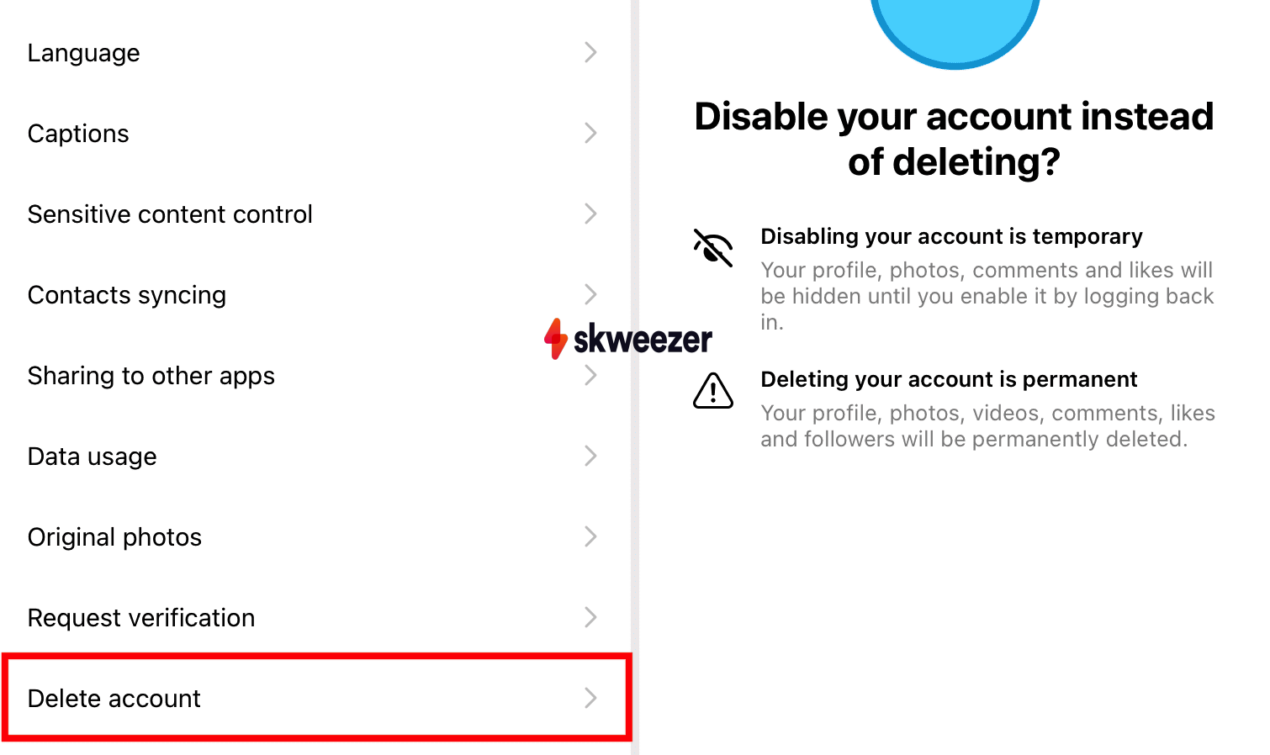 a screenshot showing how to delete an Instagram account from an app