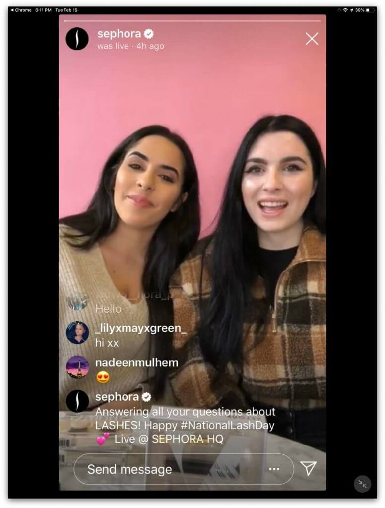 a screenshot taking from Instagram app showing Sephora, a famous make-up store, hosting a live q&a