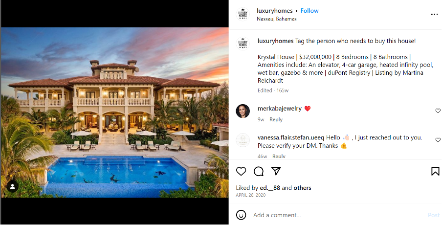 a picture showing a screenshot of luxury homes instagram page using the tag to increase visibility in people searching for Bahamas