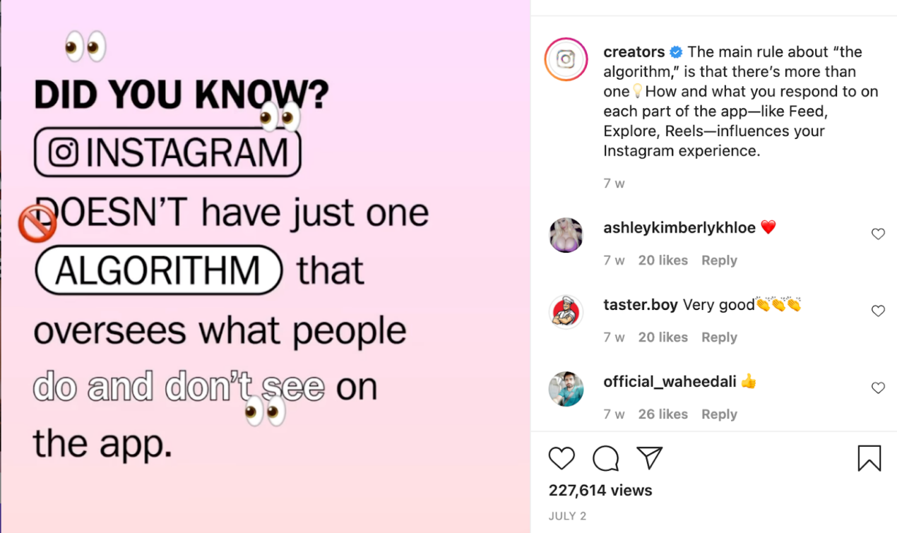 A screenshot taken from instagram account creator explaining that the Instagram algorithm is very complex and relies on user activity 