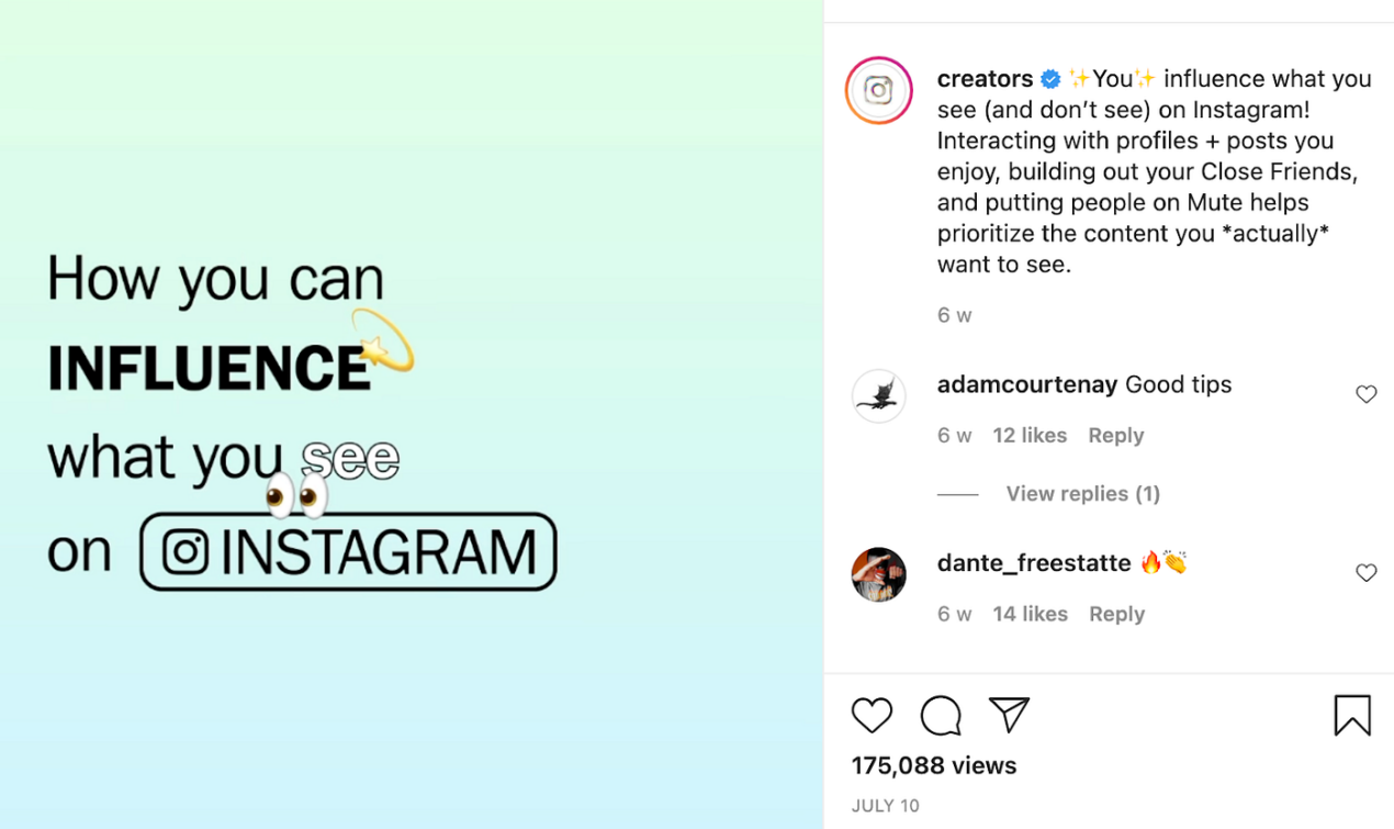 a screenshot taken from Instagram account creators explaining how to influence what you see on Instagram